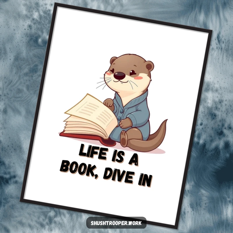 Funny Free Printable Curious Otter Wall Art in cardigan pointing at giant book, whimsical decor, a downloadable gift.