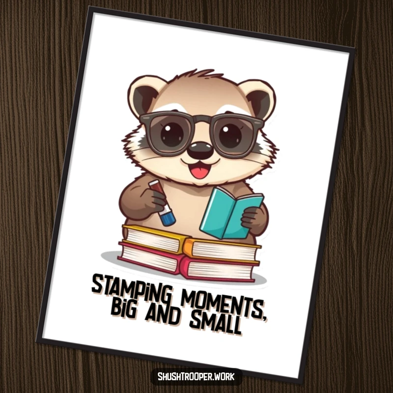 Funny Free Printable Wall Art: A happy badger wearing glasses joyfully stamps a book with a large ink pad.