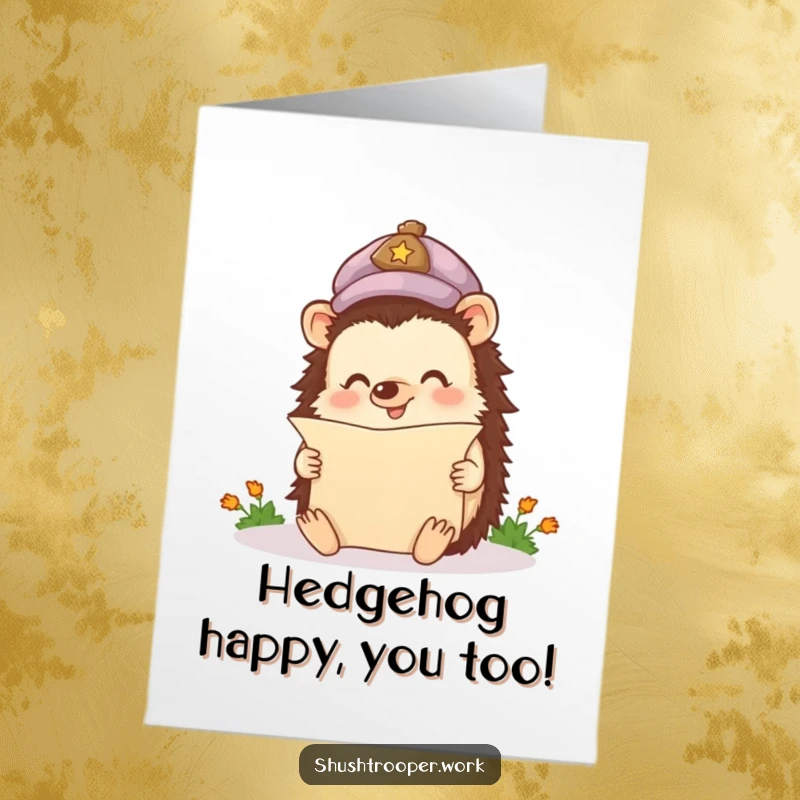 Funny free printable birthday card: a happy hedgehog in a cap enthusiastically reads a tiny scroll.