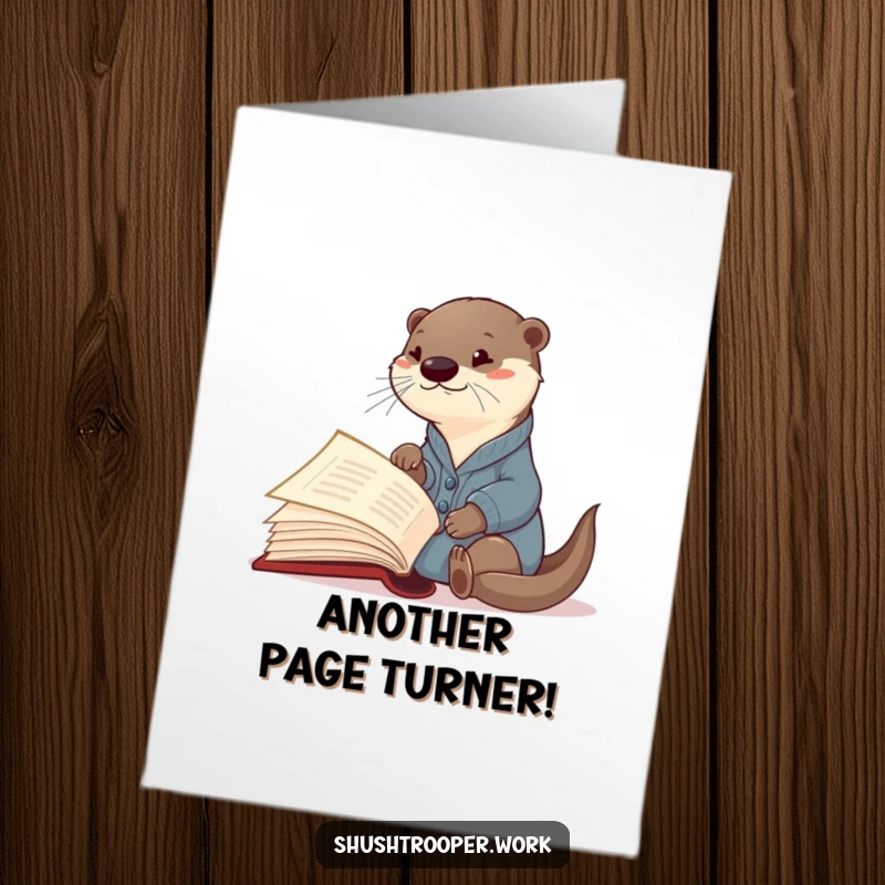 Funny Free Printable Curious Otter Birthday Card in cardigan pointing at giant book, excited to learn, a downloadable gift.