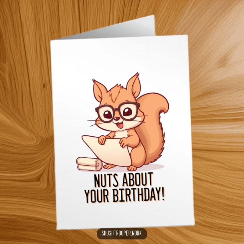 Funny Free Printable Cheerful Squirrel Scholar Birthday Card sorting scrolls, busy and happy, a downloadable gift.