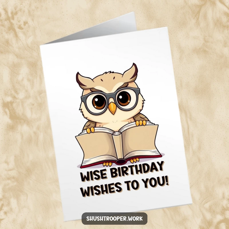 Funny Free Printable Birthday Card: Cheerful owl with spectacles peering intently at an open book, sharing wisdom.