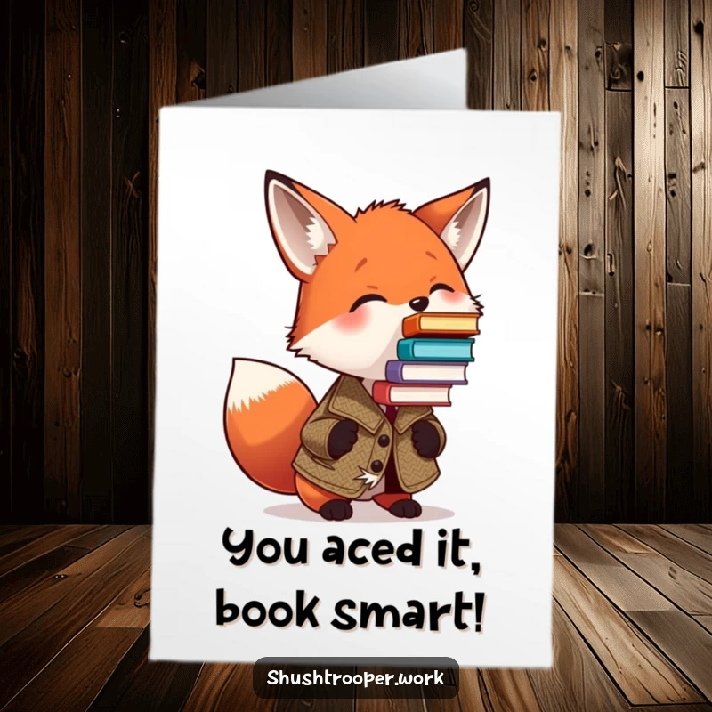 Funny Free Printable Congratulations Card: Sophisticated Fox in Tweed Jacket Balancing Stack of Books