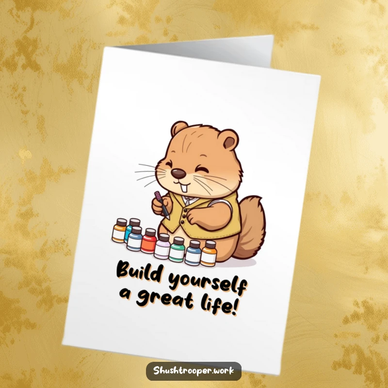 Free printable congratulations card featuring a diligent beaver in a vest meticulously arranging ink bottles – a symbol of precision.