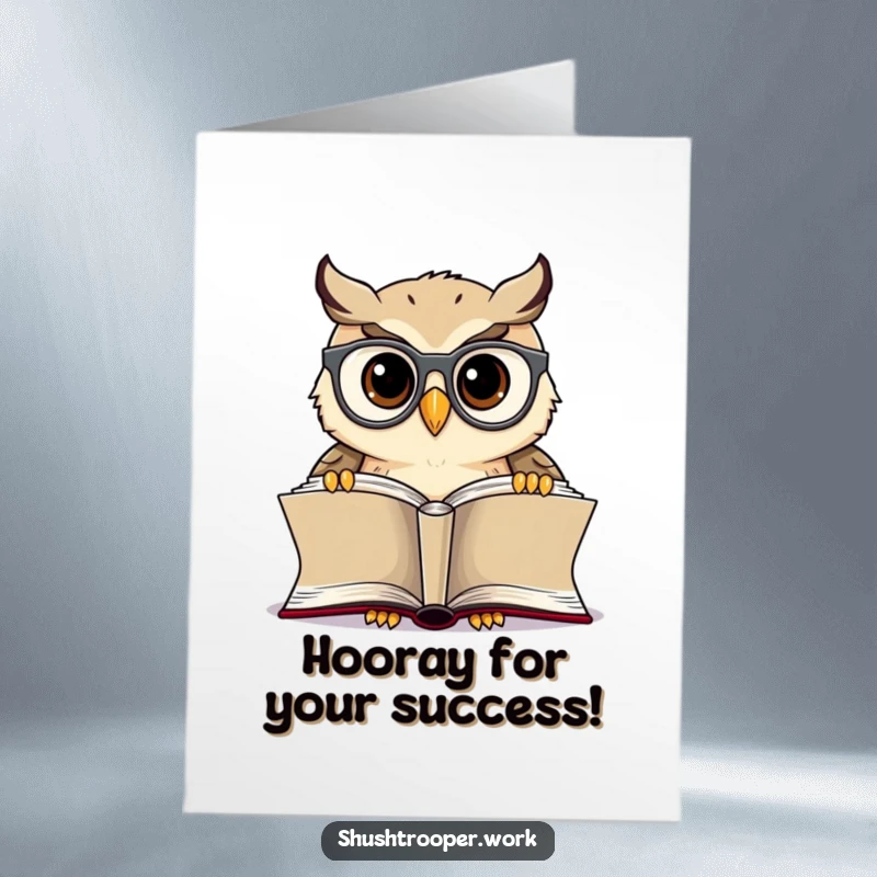 Funny Free Printable Congratulations Card: Cheerful owl with spectacles peering intently at a book, celebrating smarts.