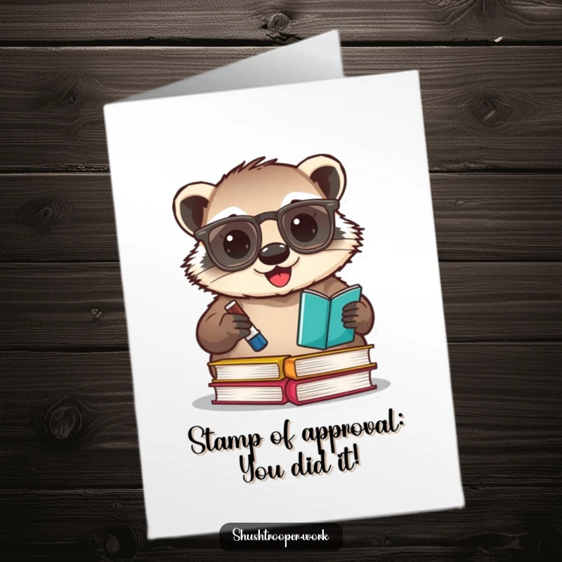Funny Free Printable Congratulations Card: A cheerful badger wearing glasses happily stamps a book with an ink pad.