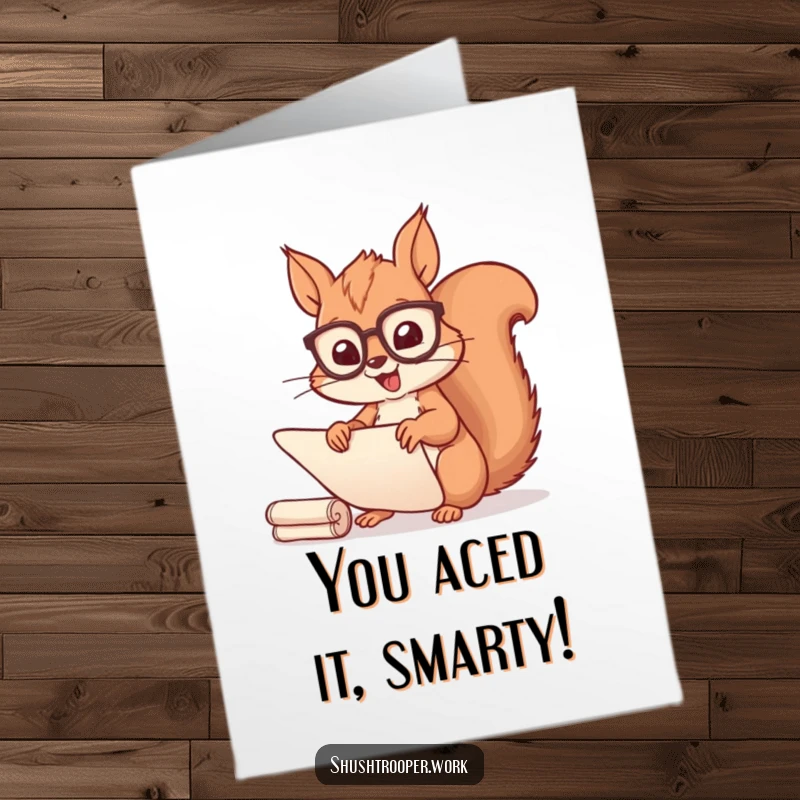 Funny Free Printable Cheerful Squirrel Scholar Congratulations Card sorting scrolls, celebrating achievement, a downloadable gift.