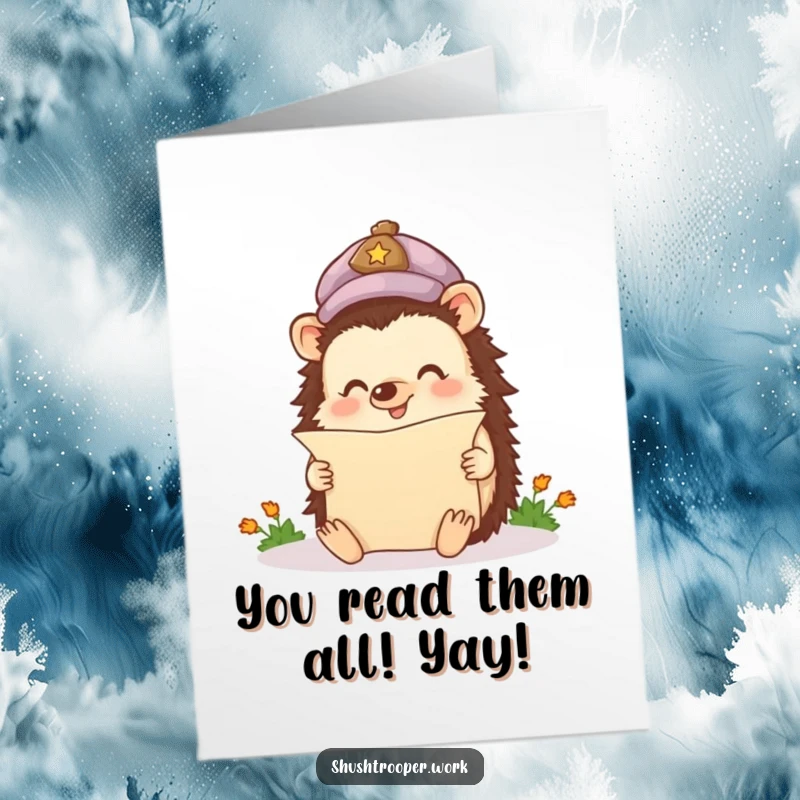 Free printable congratulations card featuring a happy hedgehog in a cap excitedly reading a miniature scroll, a symbol of new knowledge.