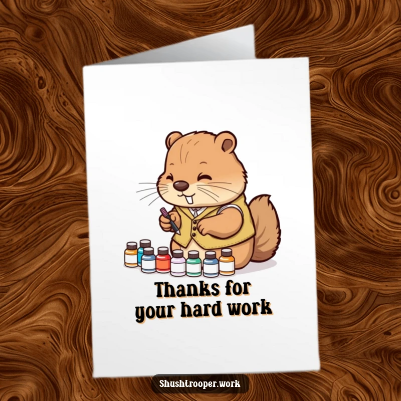 Precise free printable thank you card of a diligent beaver in a vest organizing tiny ink bottles, showing careful thanks.