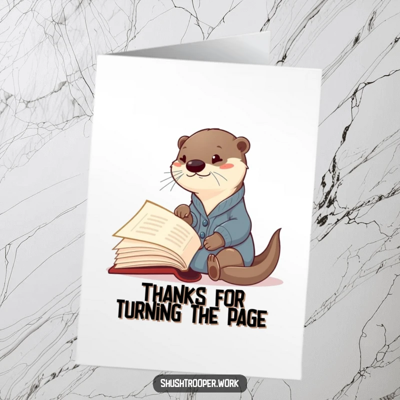 Funny Free Printable Curious Otter Thank You Card in cardigan pointing at giant book, expressing thanks, a downloadable gift.