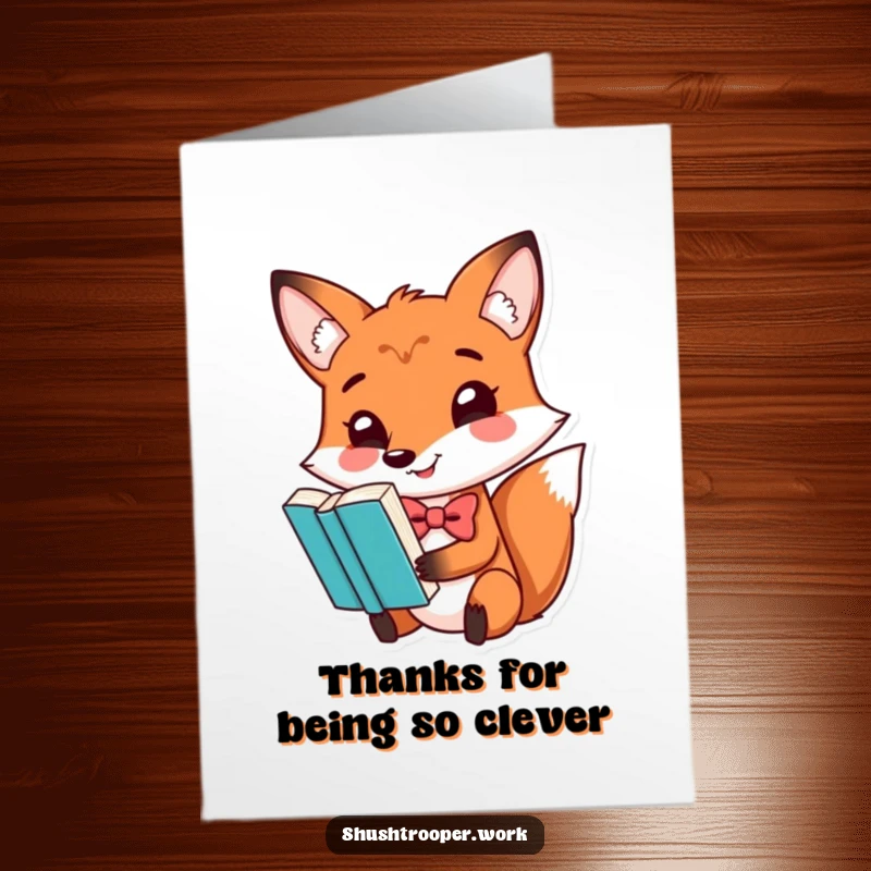 Funny Free Printable Thank You Card: A fox in a bowtie balances a book on its nose, conveying thanks.