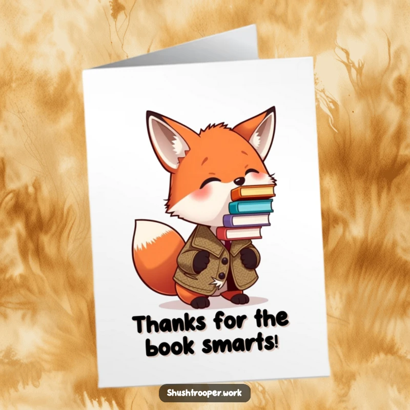 Funny Free Printable Thank You Card: Intelligent Fox Wearing Tweed Jacket Balancing Many Books