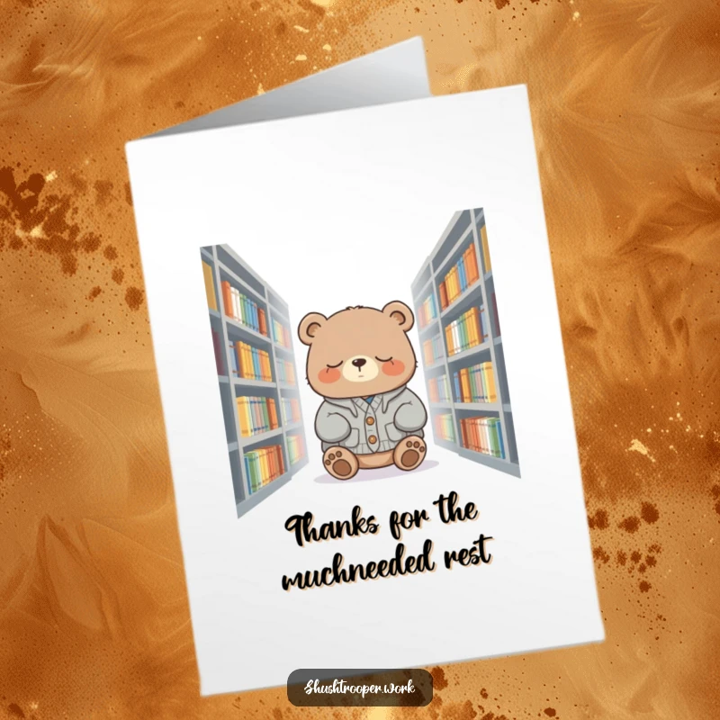 Funny Free Printable Thank You Card: A sleepy bear in a cardigan peacefully snoozes amongst books, showing thanks.