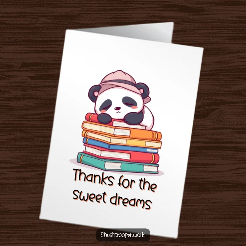 Adorable free printable thank you card of a sleepy panda napping on colorful books, perfect for a cozy thank you.