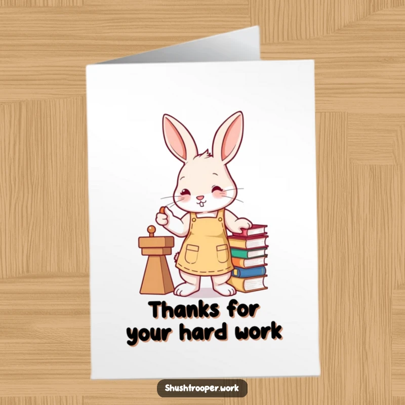 Funny Free Printable Thank You Card: A bunny in an apron diligently stamps books, expressing thanks. Downloadable.