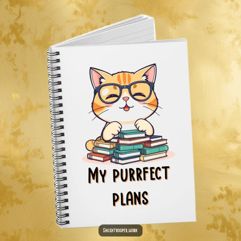 Funny Notebook with a giggling cat in glasses organizing tiny notebooks, perfect for students and writers.