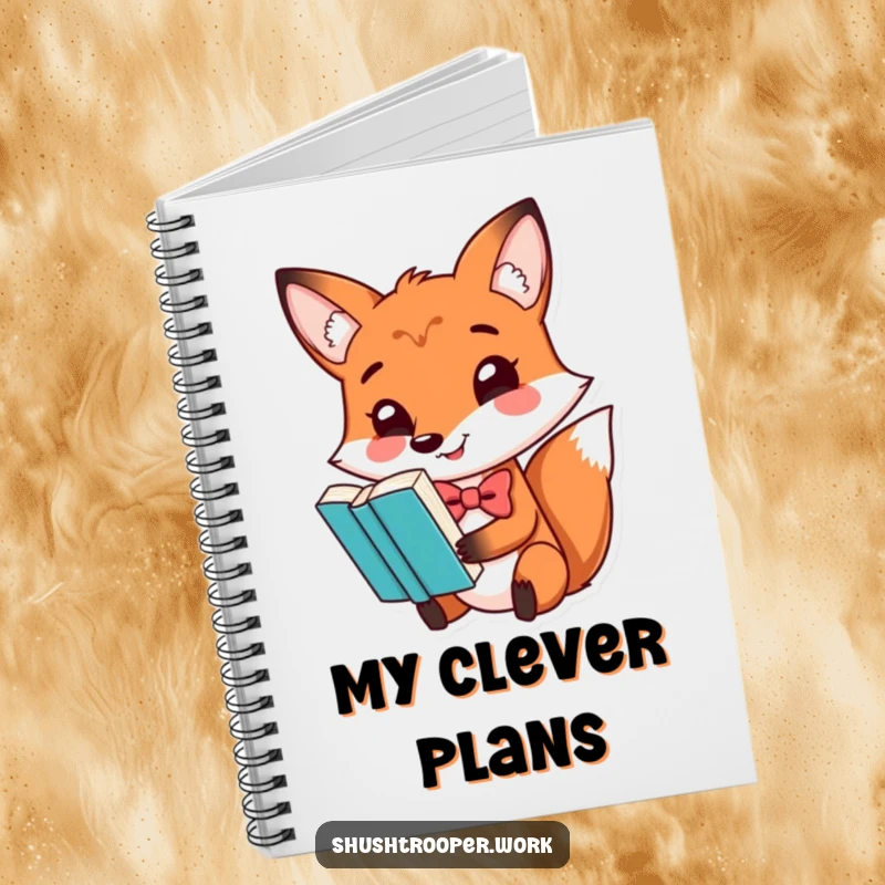 Funny fox wearing a bowtie, balancing a book on its nose, on the cover of a notebook.