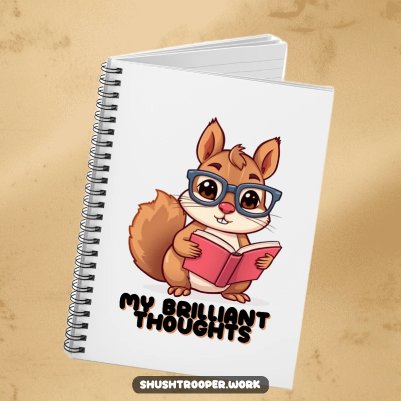 Funny squirrel with glasses, holding a book, featured on the cover of a notebook, inspiring creativity and intellect.
