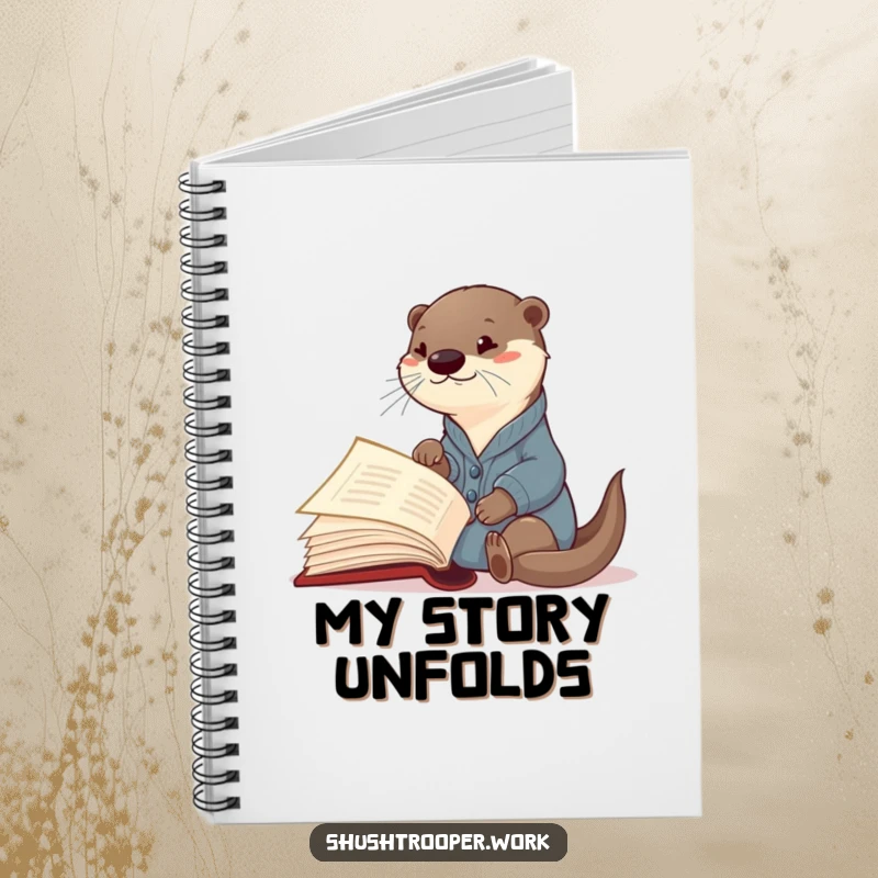 Funny Otter Librarian Notebook: A curious otter in a cardigan points at an open giant book, inspiring note-taking.