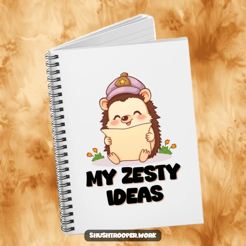Funny Notebook with a happy hedgehog in a cap reading a miniature scroll, perfect for journaling.