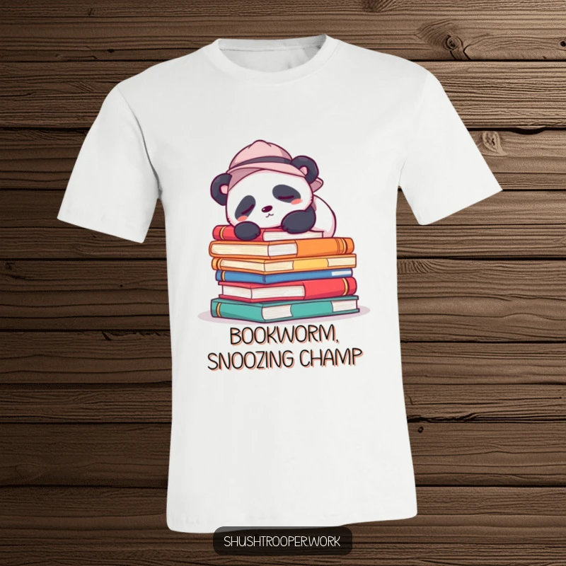 Funny T-Shirt featuring a sleepy panda in a hat resting on a pile of large, colorful books, perfect for readers.