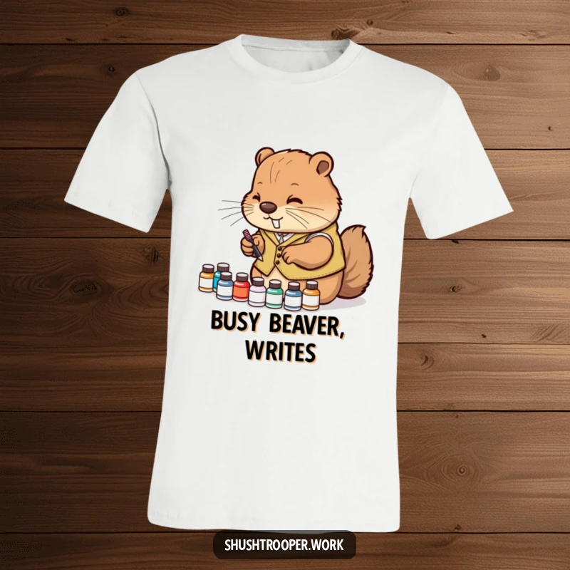 Funny T-Shirt with a diligent beaver in a vest meticulously organizing small ink bottles, celebrating art.