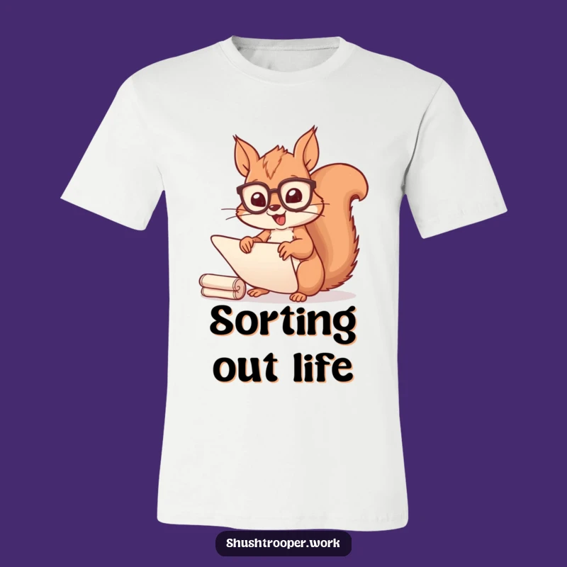 Funny Squirrel Scribe T-Shirt: Cheerful Spectacled Scroll Sorter Tee