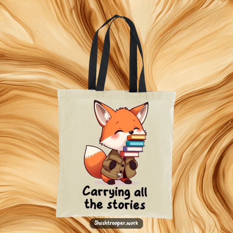 Funny Fox Librarian Tote Bag: A fox in a tweed jacket humorously balances a large tower of books on its nose.