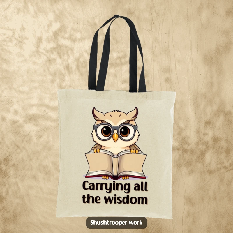 Funny Owl Librarian Tote Bag: Cheerful owl with spectacles reading a book, perfect for carrying books.