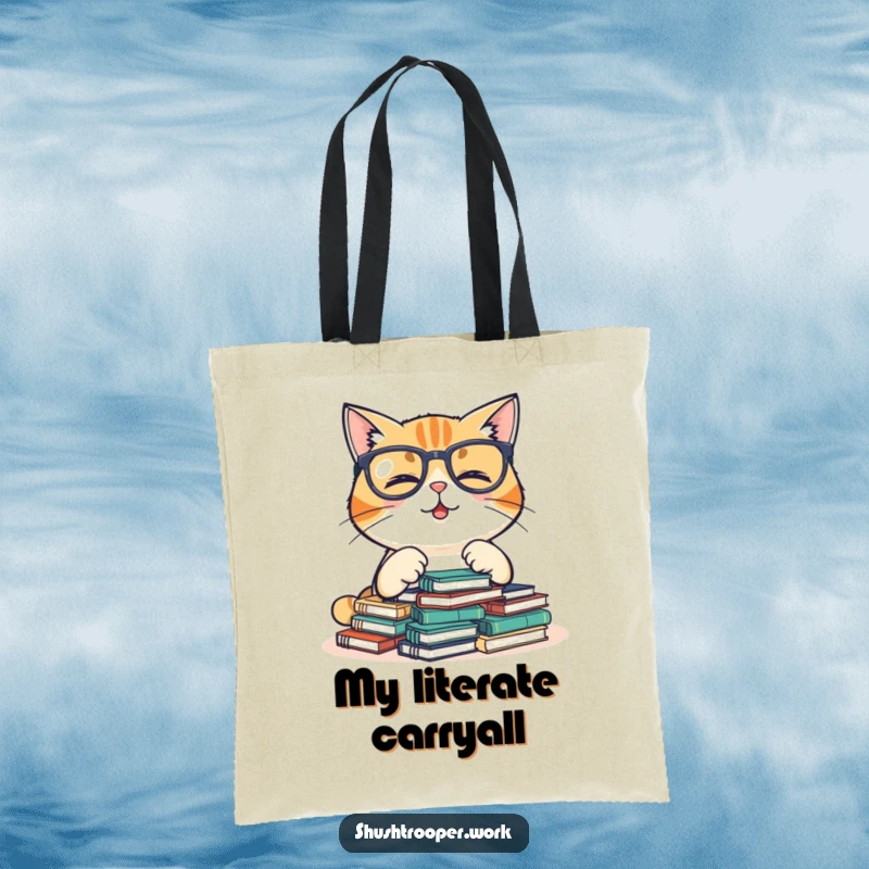 Funny Tote Bag featuring a giggling cat in glasses organizing tiny notebooks, a charming accessory for book lovers.